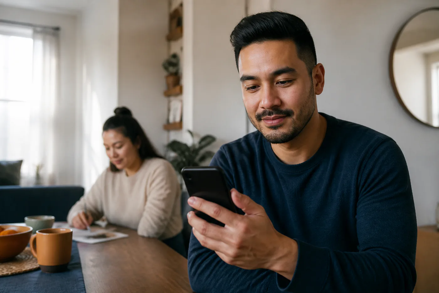 Person checking an update on a phone at home